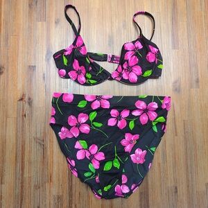 VTG 90s Catalina Bikini Floral Hawaiian Black Swimsuit High Leg High Cut Bra C/D